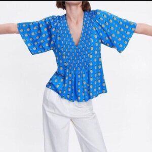Zara Blue Pineapple Blouse Top, S